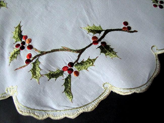 close up 2 vintage antique handmade linen table topper society silk embroidered Christmas holly
