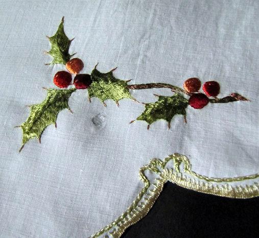close up 3 vintage antique handmade linen table topper society silk embroidered Christmas holly