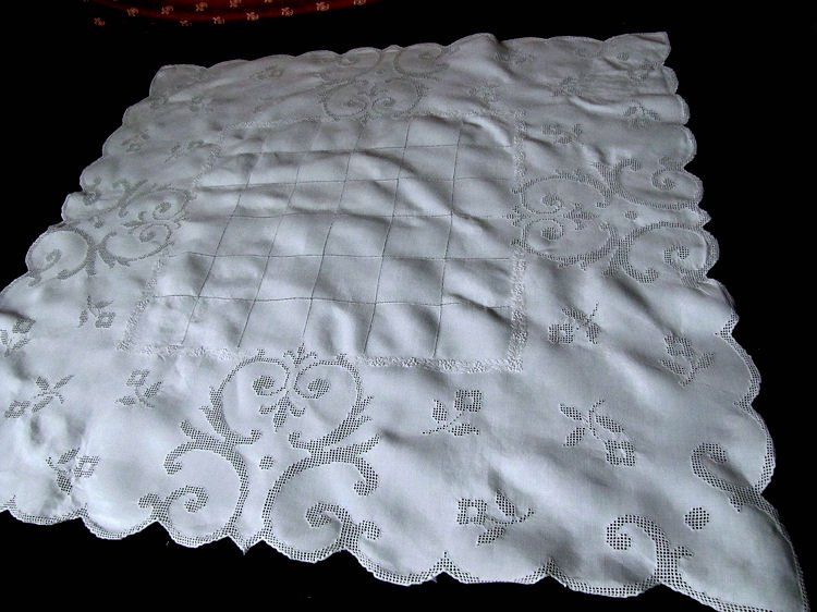 vintage antique white linen table topper handmade lace and whitework