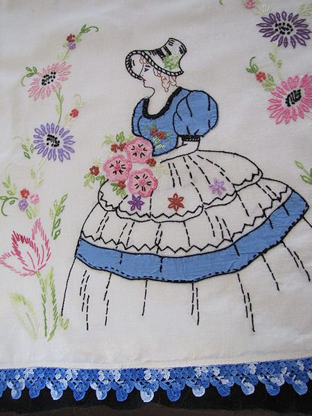 close up southern belle on pillowcover of 5 piece vintage table runner dresser set