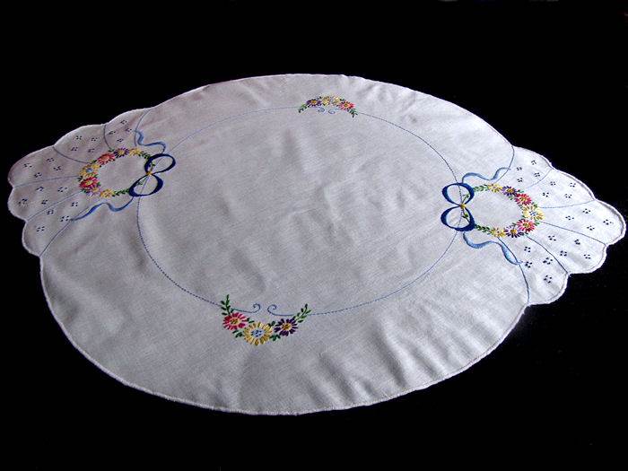 vintage hand embroidered table topper ribbons and flowers