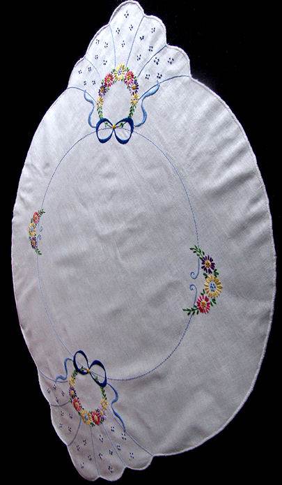 vintage hand embroidered table topper vertical view