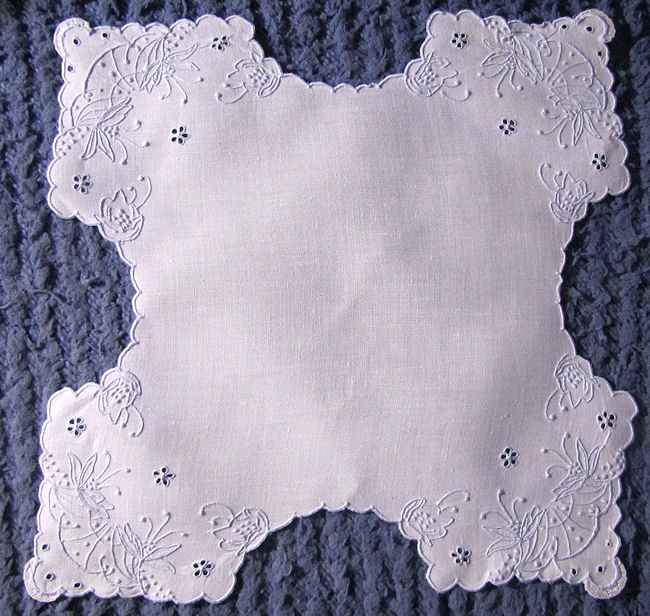 vintage white linen roll cover handmade Madeira lace and embroidery