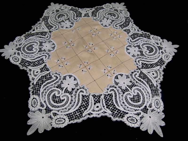vintage antique linen table topper with deep handmade bobbin lace