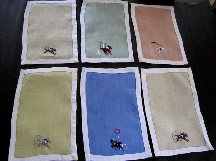 vintage antique linen cocktail napkins racing horses with jockeys