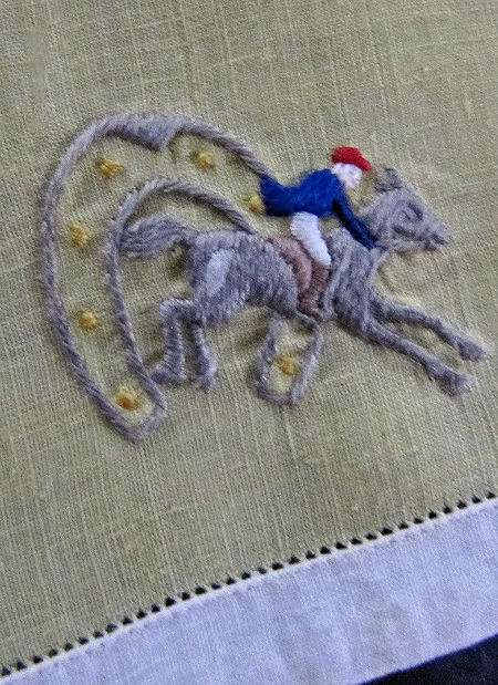 close up vintage antique linen cocktail napkins racing horses with jockeys