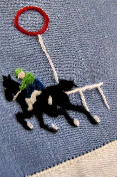 close up 2 vintage antique linen cocktail napkins racing horses with jockeys