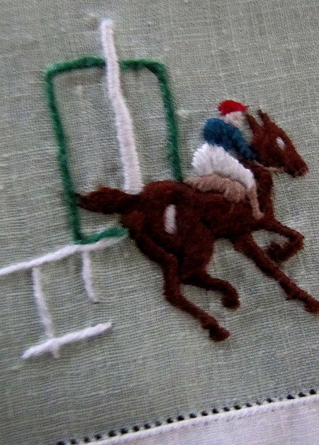 vintage antique linen cocktail napkins racing horses with jockeys