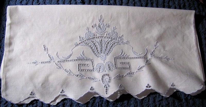 vintage antique single pillowcase handmade lace and blue embroidery