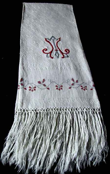 vintage linen towel fringe monogrammed M
