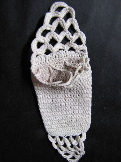 close up vintage antique miniature drawstring  bag handmade lace
