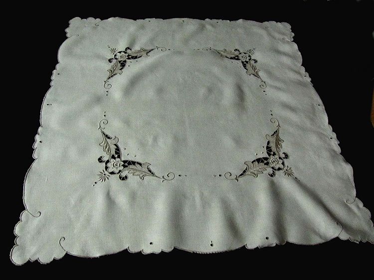 vintage antique linen table topper with handmade lace and Marghab style embroidery