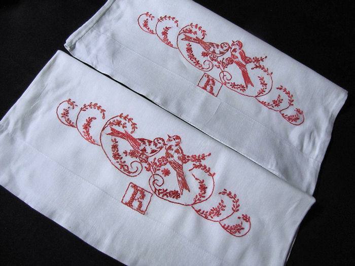 pair vintage handmade pillowcases monogrammed R