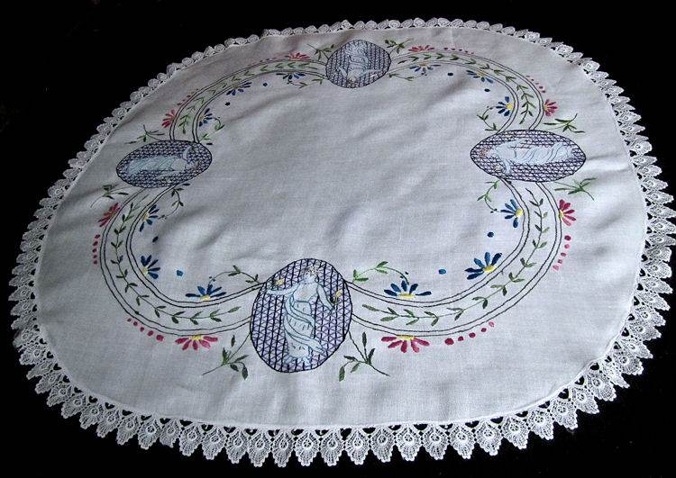 vintage antique white linen table topper with figural embroidery