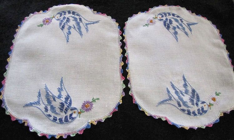 pair vintage antique bluebird doilies handmade lace and embroidery