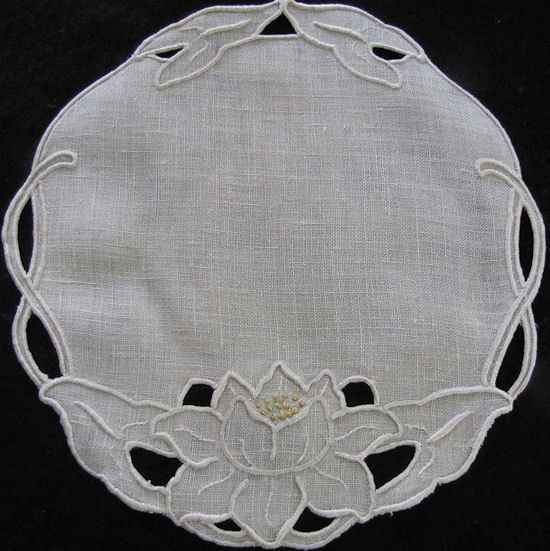 vintage antique linen doily with handmade lace and embroidery water lily