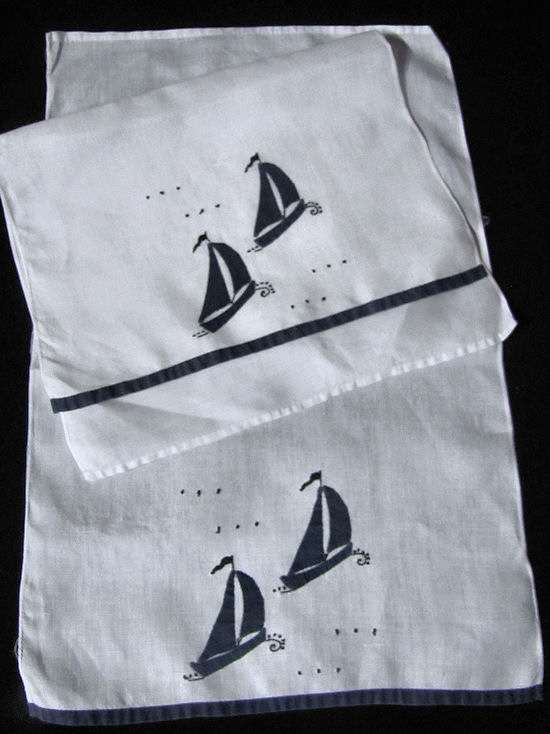 pair vintage handmade linen towels with sailboats