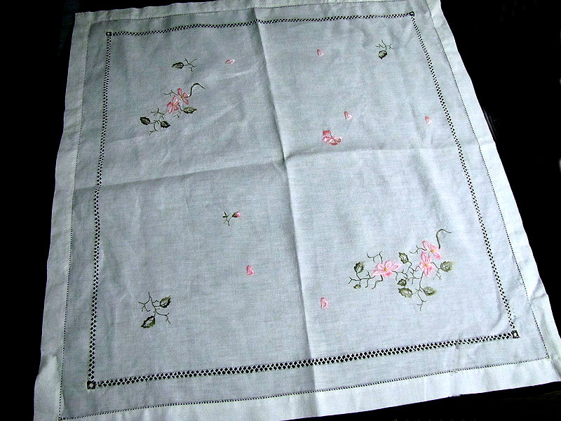 vintage antique white linen table topper with society silk embroidery