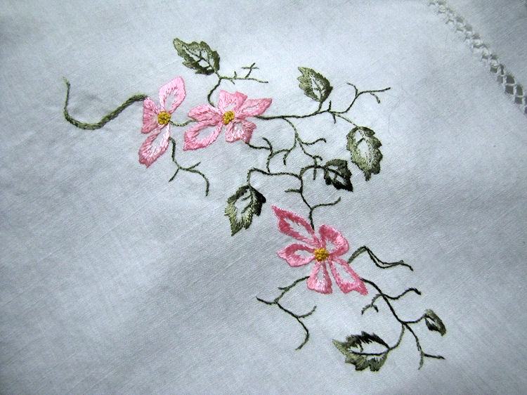 close up 2 vintage antique white linen table topper with society silk embroidery