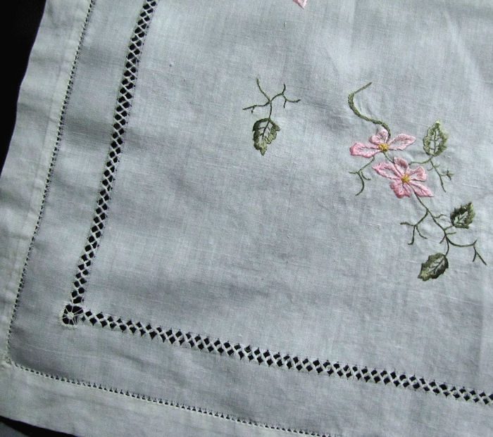 close up 3 vintage antique white linen table topper with society silk embroidery