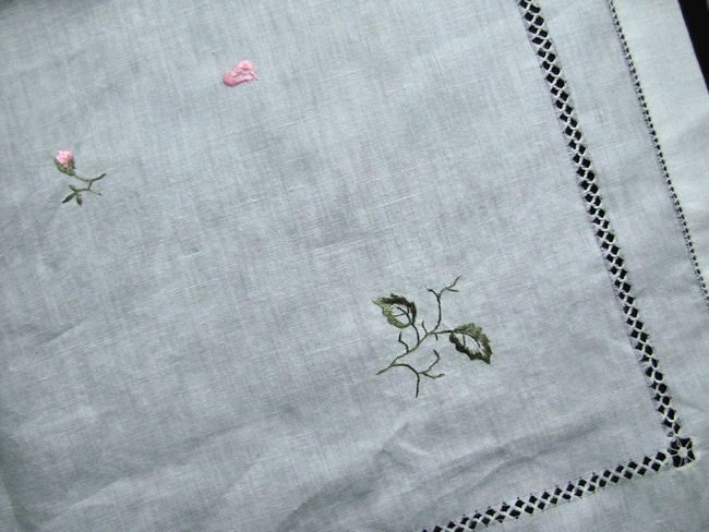 close up 4 vintage antique white linen table topper with society silk embroidery