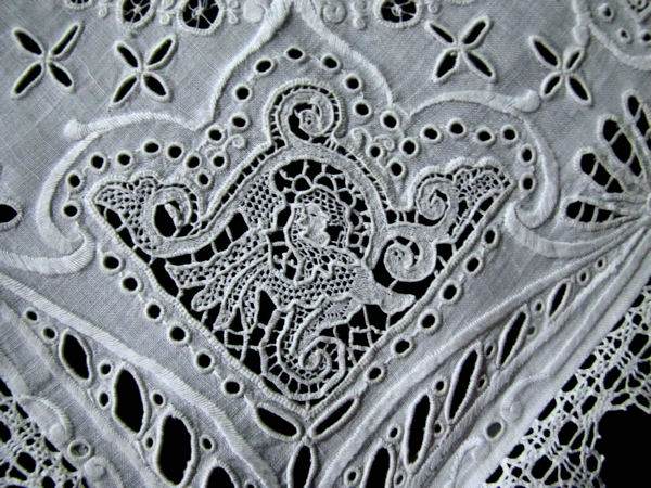 vintage antique handmade figural lace pillow cover corner insert