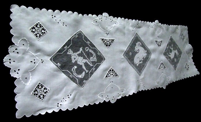vintage white linen table runner dresser scarf with handmade figural lace