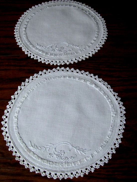 pair vintage white linen round doilies handmade lace blue embroidery