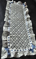 vintage antique table runner dresser scarf Alencon lace blue ribbon