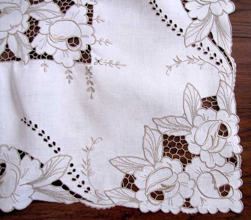 close up 2 vintage antique tablecloth handmade lace and embroidery