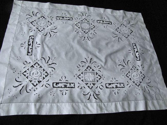 vintage white linen table topper with handmade lace