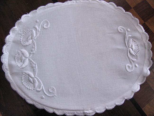 vintage white linen hot plate pad hand embroidery
