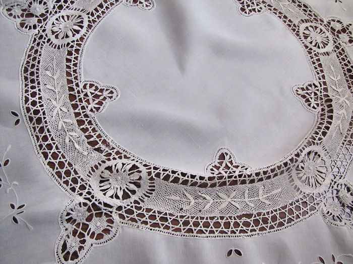 close up 3 vintage antique handmade round tablecloth Cluny and figural lace