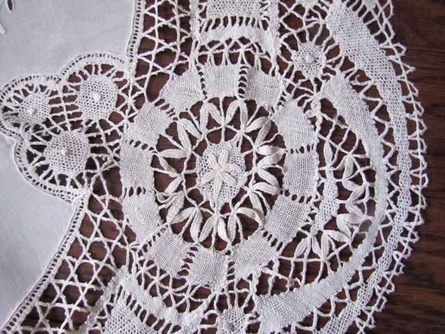 close up 4 vintage antique handmade round tablecloth Cluny and figural lace