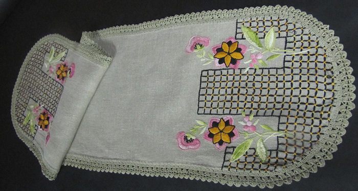 vintage antique table runner with embroidery and handmade lace