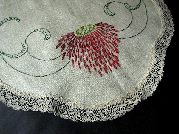close up vintage antique table runner dresser scarf hand embroidery