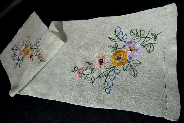 vintage antique linen table runner dresser scarf hand embroidered