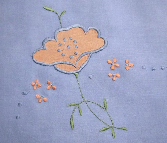 close up 2 vintage handmade blue linen tablecloth