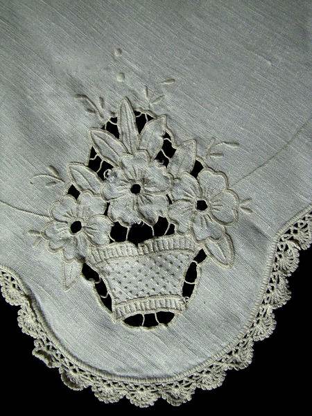 close up vintage antique linen table topper handmade lace