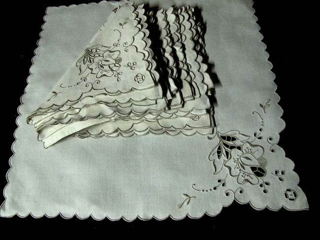 set of 12 vintage linen napkins handmade lace embroidery Madeira