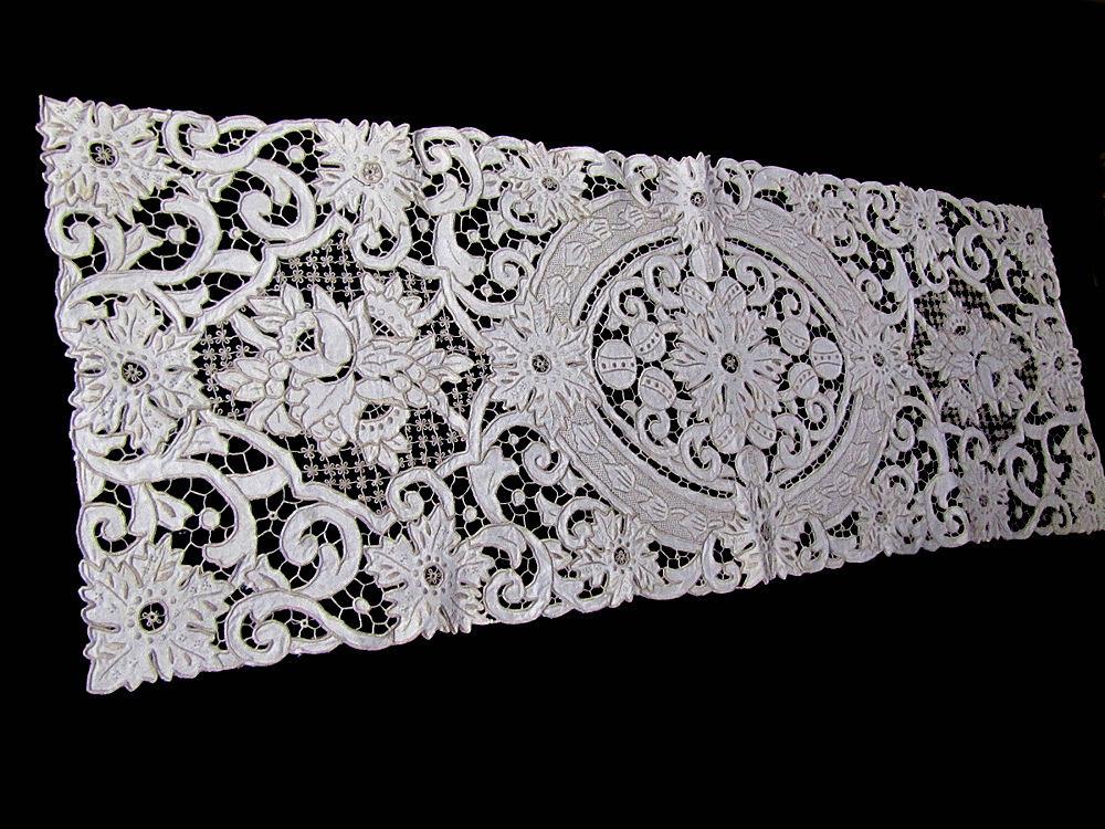 vintage antique table runner handmade lace and embroidery