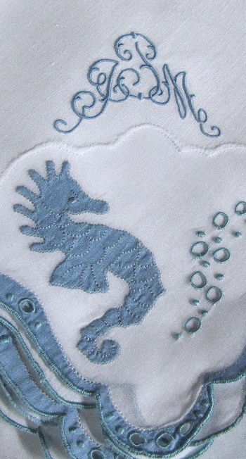 close up 3 vintage placemats & napkins handmade lace and embroidery seahorses maybe Marghab