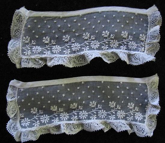 pair vintage antique Victorian cuffs with French lace and whitework