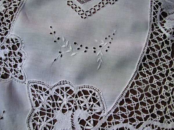 close up 4 vintage antique handmade white linen tablecloth with figural lace