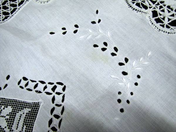 close up 6 vintage antique handmade white linen tablecloth with figural lace
