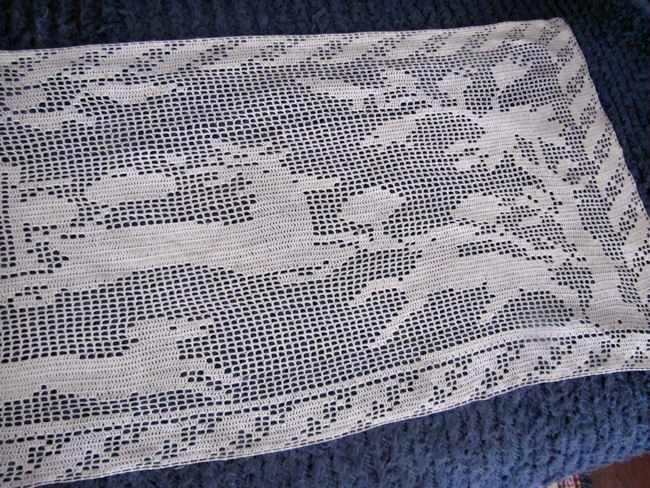 close up vintage handmade figural lace table runner dresser scarf