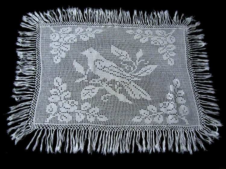 vintage antique handmade figural lace table topper with bird