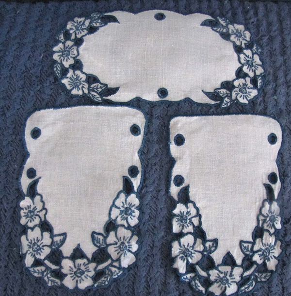 close up 3 vintage antique linen dresser set table runners and doilies handmade lace