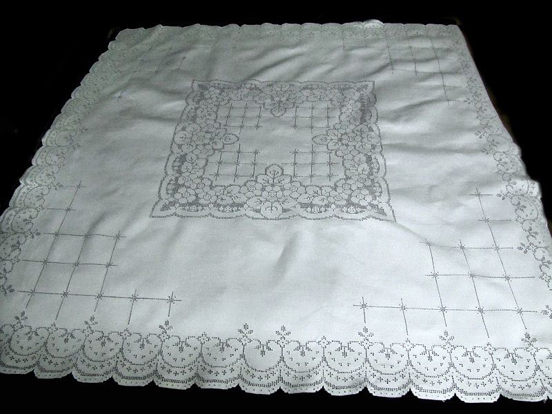vintage antique white linen tablecloth with handmade lace