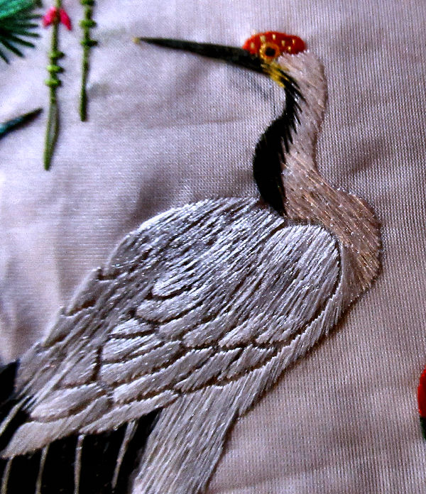 vintage  antique oriental silk panel hand embroidered cranes